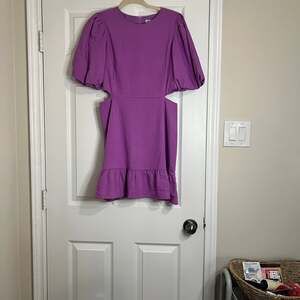 Joy Joy Purple Iker-Style Puff Sleeve Cutout Mini Dress